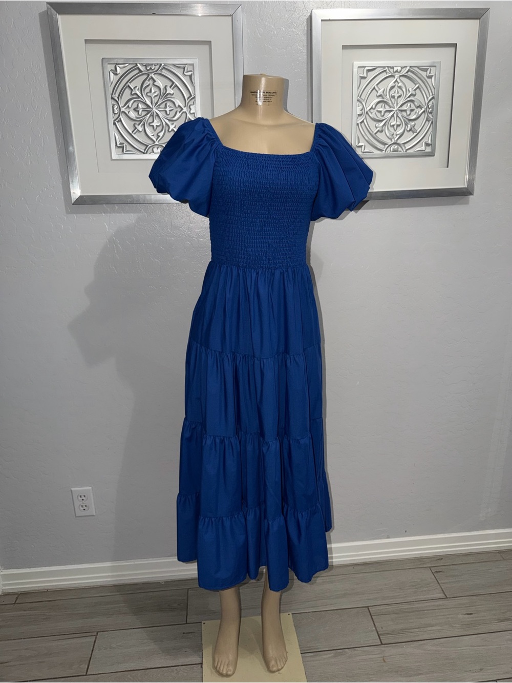 Smocked Puff-Sleeve Midi Dress in Royal Blue